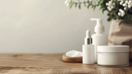 Cosmetic packaging on wooden table with copy space Beauty products display