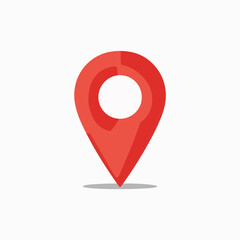 A red location pin icon. The pin is designed with a rounded top, resembling a location marker, and a pointed bottom, indicating direction. It is set against a white background