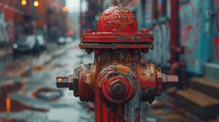 Fototapeta premium Fire hydrant covered in red rust in the city street