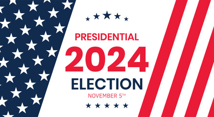 Obraz premium USA 2024 Presidential Election background with American flag colors design. Election event banner, card, poster, template, voting communication, background. Vote day, November 5. Vector illustration.