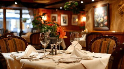 A warmly lit restaurant featuring an elegantly set table with fine tableware and a centerpiece of fresh flowers for a romantic dining experience.