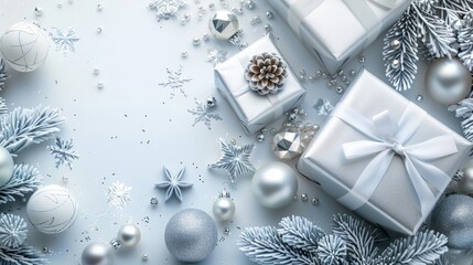 Modern New Year greeting card, silver and white luxury theme, ample text space, sleek and stylish design