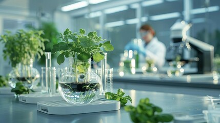 Advanced plant breeding techniques in a lab, front view, highlighting crop improvement, digital tone, colored pastel