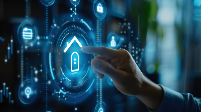A businessman interacts with a smart home digital interface in a 3D rendering, against a blurred background. Generative AI