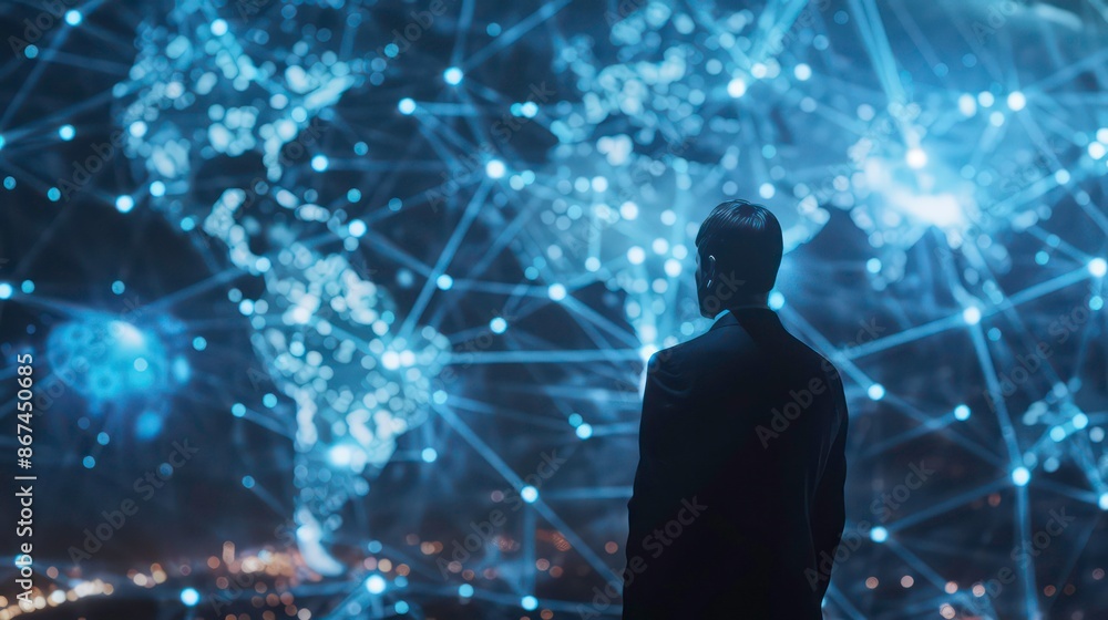 Poster a businessman interfaces with a global network and data exchanges, representing the innovative poten