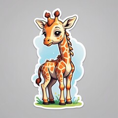 Fototapeta premium Sticker of an adorable baby giraffe in 3D cartoon style with dynamic colors, isolated on a simple background.
