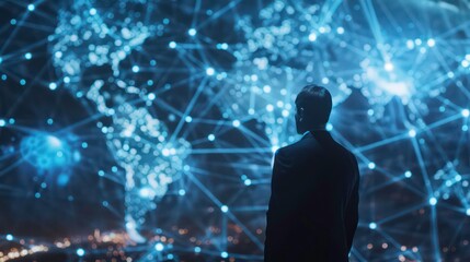 A businessman interfaces with a global network and data exchanges, representing the innovative potential of future generation technologies like the Metaverse and AI