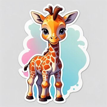 Sticker of a lovely baby giraffe in 3D cartoon style with dynamic colors, isolated on a simple background.