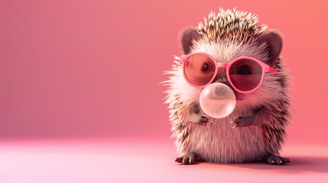 Cute hedgehog in sunglasses blowing bubble gum with copy space, 3d photo