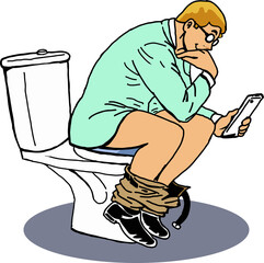 Businessman playing with mobile phone sitting on toilet in bathroom