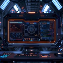 Futuristic computer interface in a high-tech environment, displaying data and charts with advanced technology and modern design.