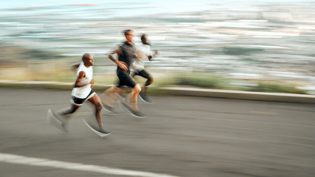 Running, men and team in motion blur for workout, exercise and sport in outdoor for fitness or wellness. Male people, runners and nature for practice, race or recreation as athlete, training and run