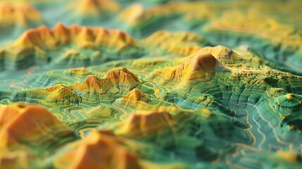 A highly detailed 3D topographic map showcasing mountainous terrain with vibrant colors to...