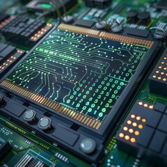 Renewable energyintegrated security development hub, side view, emphasizing ecofriendly practices, digital binary as object, Monochromatic Color Scheme