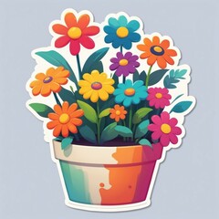 Sticker of a gorgeous flowerpot full of colorful flowers. 3D cartoon style, isolated on a simple background.