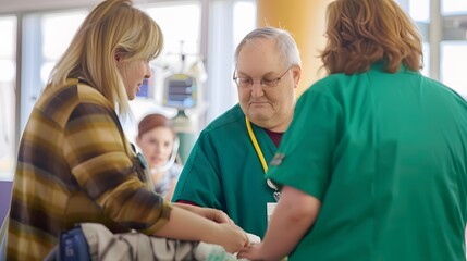 Obraz premium Medical professionals collaborating during patient care in a hospital setting.