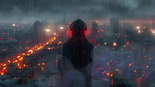 Background music, lofi anime girl headphones standing alone on a roof in a hoodie with city night lights in the background, illustration lofi lo-fi hip hop music, 4K, seamless looping video animation