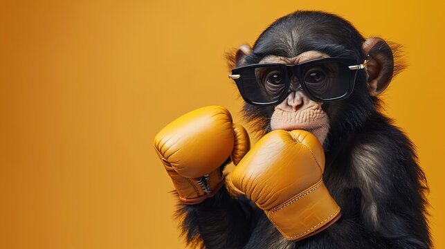 Cute funky monkey wear sport costume suit boxer glove, with copy space, 3d real photo