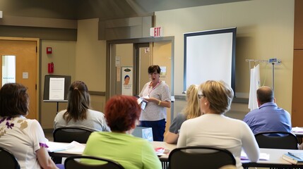 Instructor teaching a mixed-age group in a classroom setting with a whiteboard and projector.