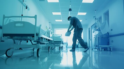Obraz premium Healthcare worker in protective attire cleaning a hospital room with vacant patient beds.