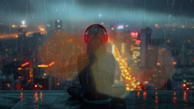 Background music, lofi anime girl headphones standing alone on a roof in a hoodie with city night lights in the background, illustration lofi lo-fi hip hop music, 4K, seamless looping video animation