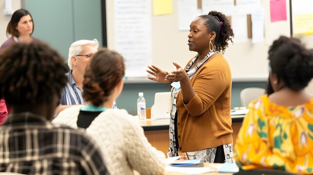 Teacher leading a diverse group of adults in an engaging classroom discussion