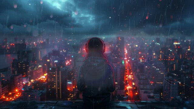 Background music, lofi anime girl headphones standing alone on a roof in a hoodie with city night lights in the background, illustration lofi lo-fi hip hop music, 4K, seamless looping video animation