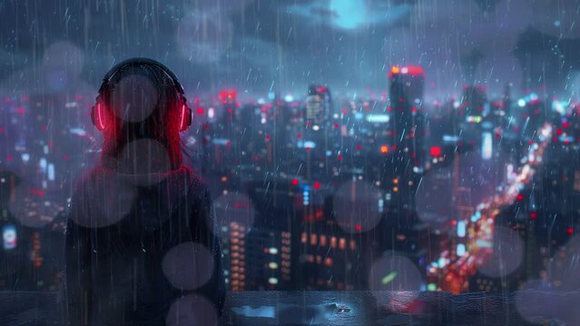 Music anime girl headphones standing alone on a roof in a hoodie with city night lights in the background, illustration lofi lo-fi hip hop music, seamless loop, 4k