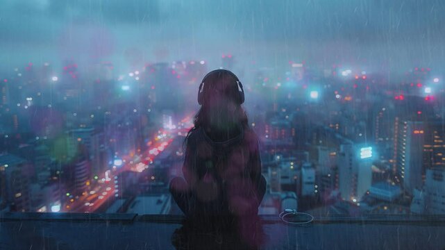 Background music, lofi anime girl headphones standing alone on a roof in a hoodie with city night lights in the background, illustration lofi lo-fi hip hop music, 4K, seamless looping video animation