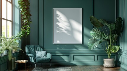 Mock-up square frame in dark green furnished home interior background