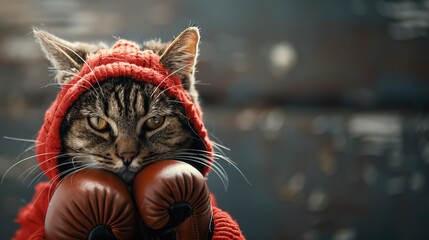 Cute funky cat wear sport costume suit boxer glove, with copy space, 3d real photo