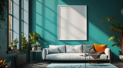 Mock-up square frame in dark green furnished home interior background