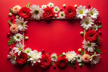 Fototapeta premium A frame made of red and white flowers on a red background