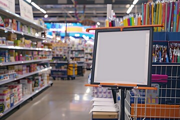 Broad catalyst with an empty display located in the crafting section of a busy megastore.