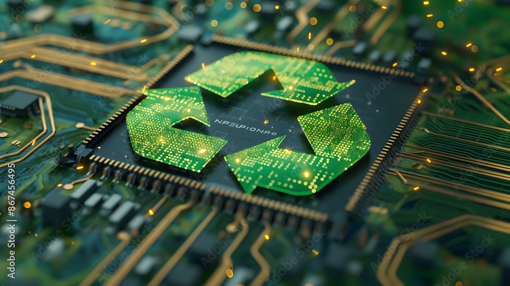 Poster 1. create an illustration of a green recycle sign seamlessly integrated into a futuristic computer c