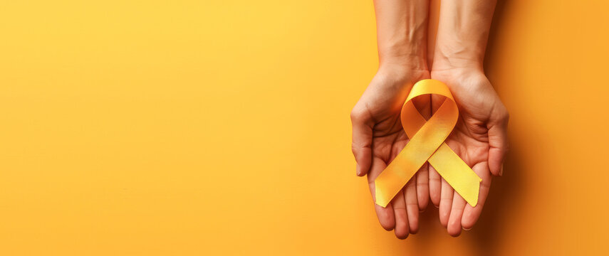 A person holds a yellow ribbon in their hands