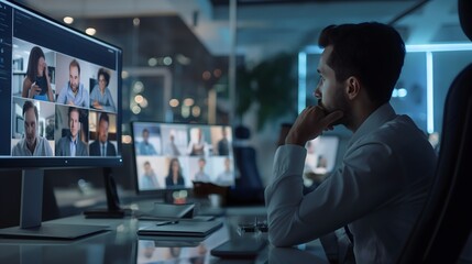 1. Illustrate a virtual meeting scene where business associates are engaged in a video call with stakeholders, discussing insights and updates on a new development project, with visible enthusiasm