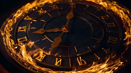 Naklejka premium In the inky darkness, a solitary clock stands as the lone source of light. Its hands spin wildly, the numbers on its face blurring into streaks of luminescent fire. Flames lick at the edges, engulfing