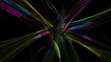 abstract background with glowing lines, distorted perspectives, transparent, chromatic aberration, black background