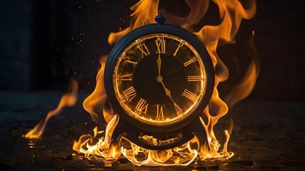In the inky darkness, a solitary clock stands as the lone source of light. Its hands spin wildly, the numbers on its face blurring into streaks of luminescent fire. Flames lick at the edges, engulfing