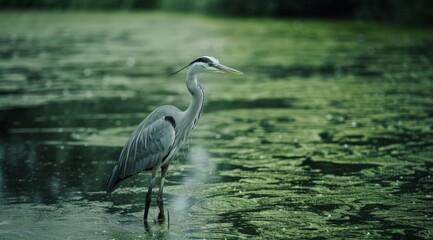 Fototapeta premium Tranquil Bird Habitat: A Graceful Heron Standing in the Shallow Waters of a Pond, Surrounded by Natural Beauty
