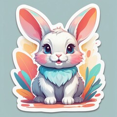 Fototapeta premium Sticker of a sweet baby rabbit in 3D cartoon style with dynamic colors, isolated on a simple background.