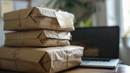 Stacked packages of various sizes wrapped in craft paper with shipping labels and laptop and parcels on the table represent the shipping software for ecommerce fulfillment concept Close up 