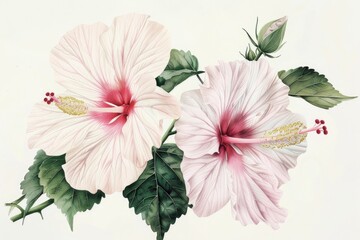 Detailed Botanical Illustration of Hibiscus Flowers for Botanical Art Prints and Design
