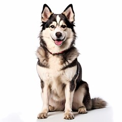 Fototapeta premium Russo european laika dog breed standing against white background, Ai Generated