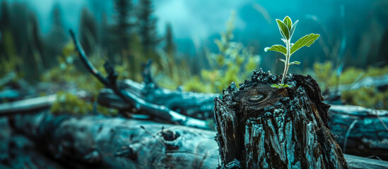one sprout grown in a dry dead tree, in the forest