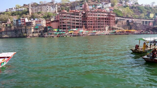 ancient hindu pilgrimage temple at holy river bank at morning from different perspective
