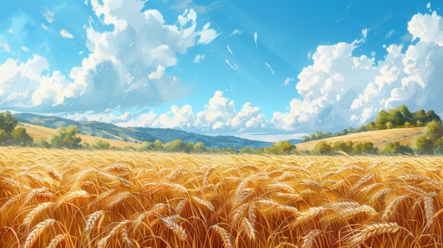 Summer wheat field landscape with rolling hills and fluffy clouds