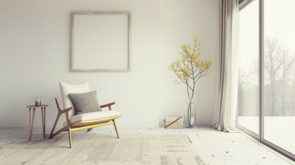 Property interiors composition with a big window providing natural lighting to a room with minimal furniture. Minimalist residential realty interiors.