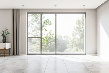 Obraz premium Property interiors composition with a big window providing natural lighting to a room with minimal furniture. Minimalist residential realty interiors.